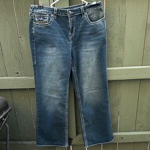 True Religion Women's Straight Leg Jeans in Distressed Dark Blue